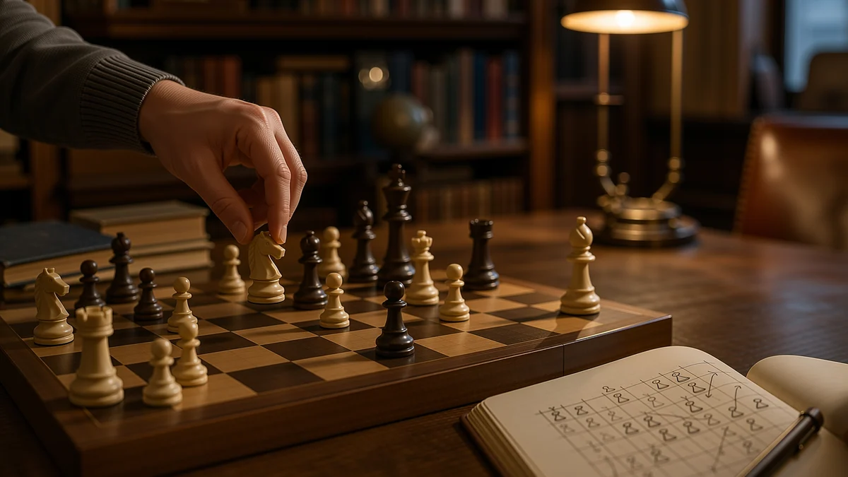 A chessboard mid-game in a warm library, a hand moving a knight beside a strategy sketch notebook.