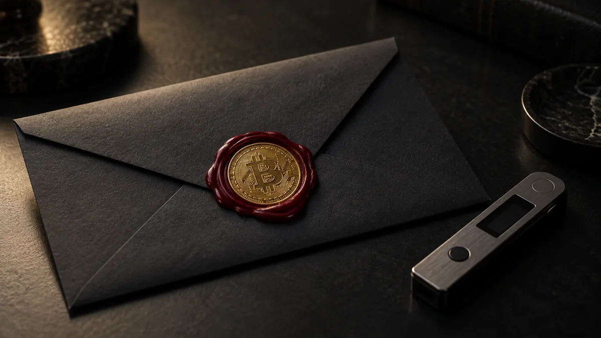 A photorealistic steel hardware wallet resting on a dark desk beside a crumpled paper coffee cup stamped with an at symbol.