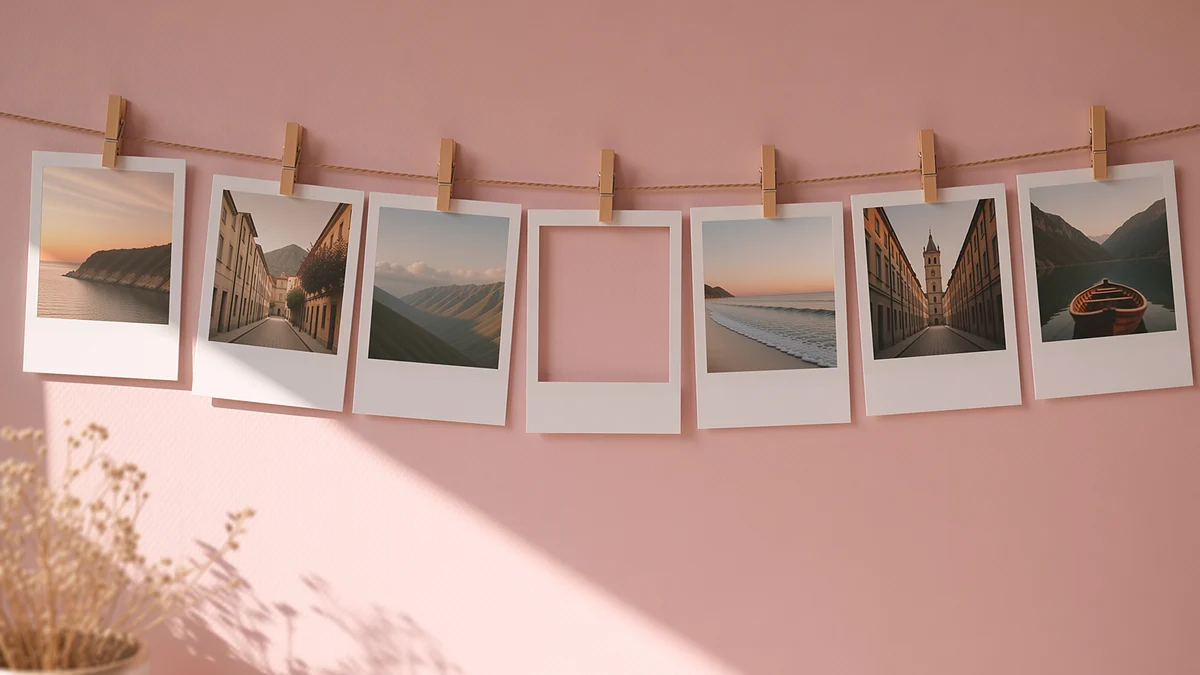 Polaroid-style prints strung on twine with one empty frame among them on a pastel wall.