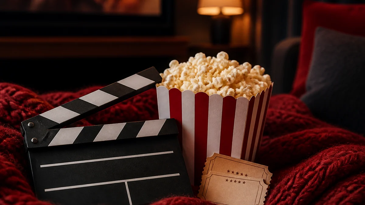 A film clapperboard, striped popcorn box and two cinema tickets on a knitted blanket in lamp light.
