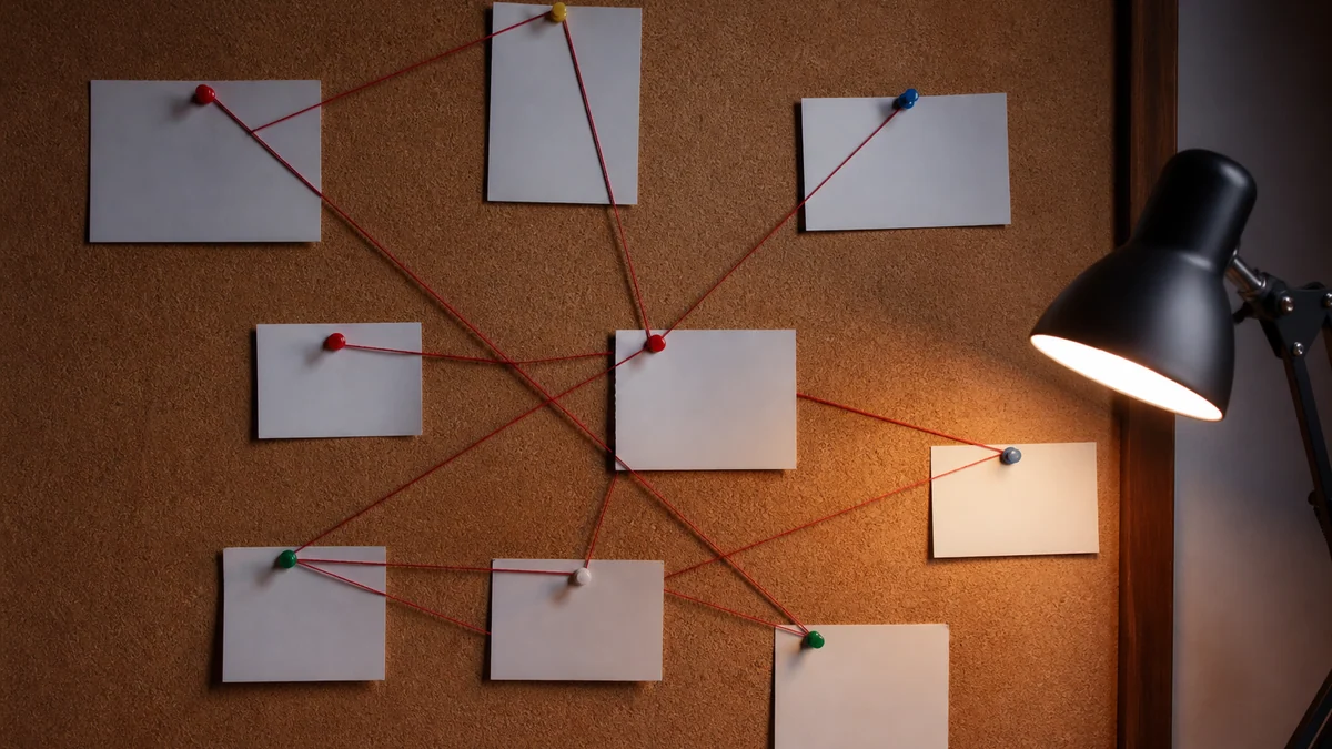A corkboard of blank cards connected by red thread into an investigative web.
