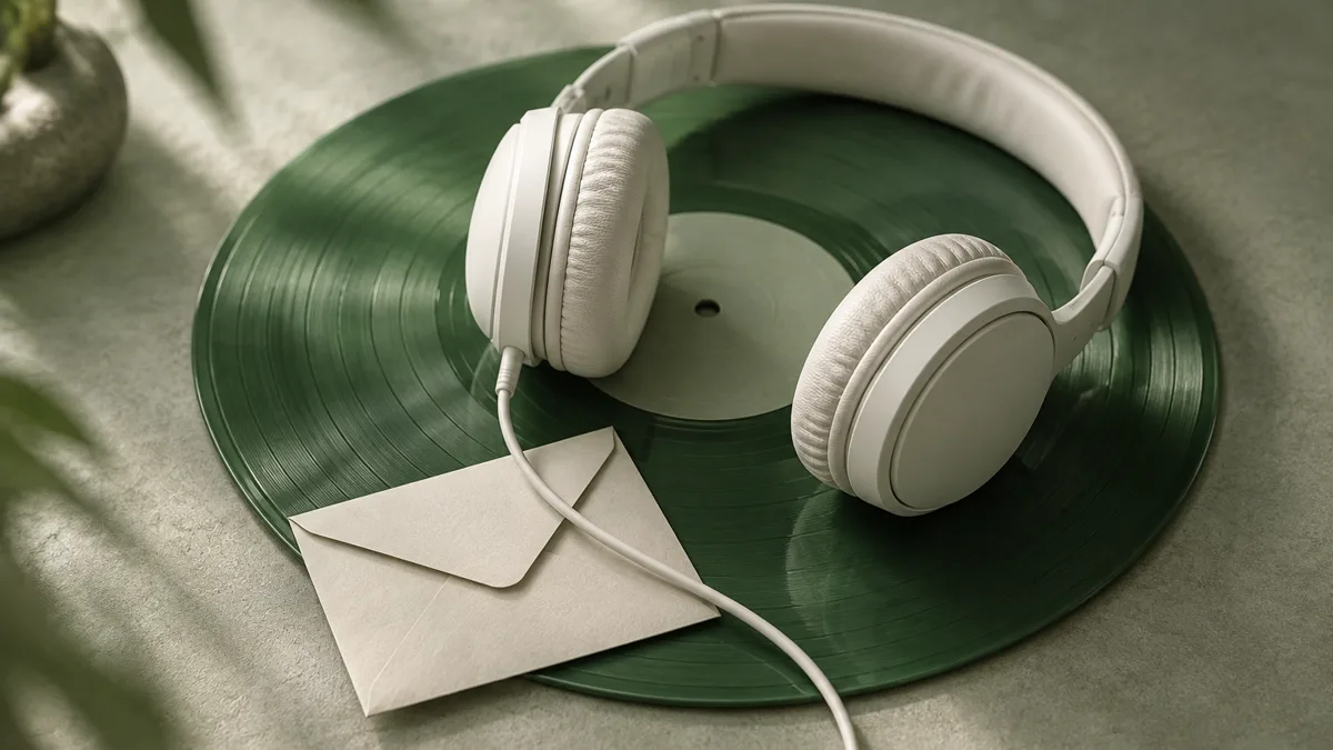 Photorealistic close-up of white wireless earbuds resting on a laptop keyboard beside a streaming app window, with a sealed envelope tucked under the earbud case.