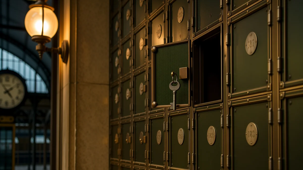 A vintage train-station wall of numbered brass lockers with one door open and a key hanging.
