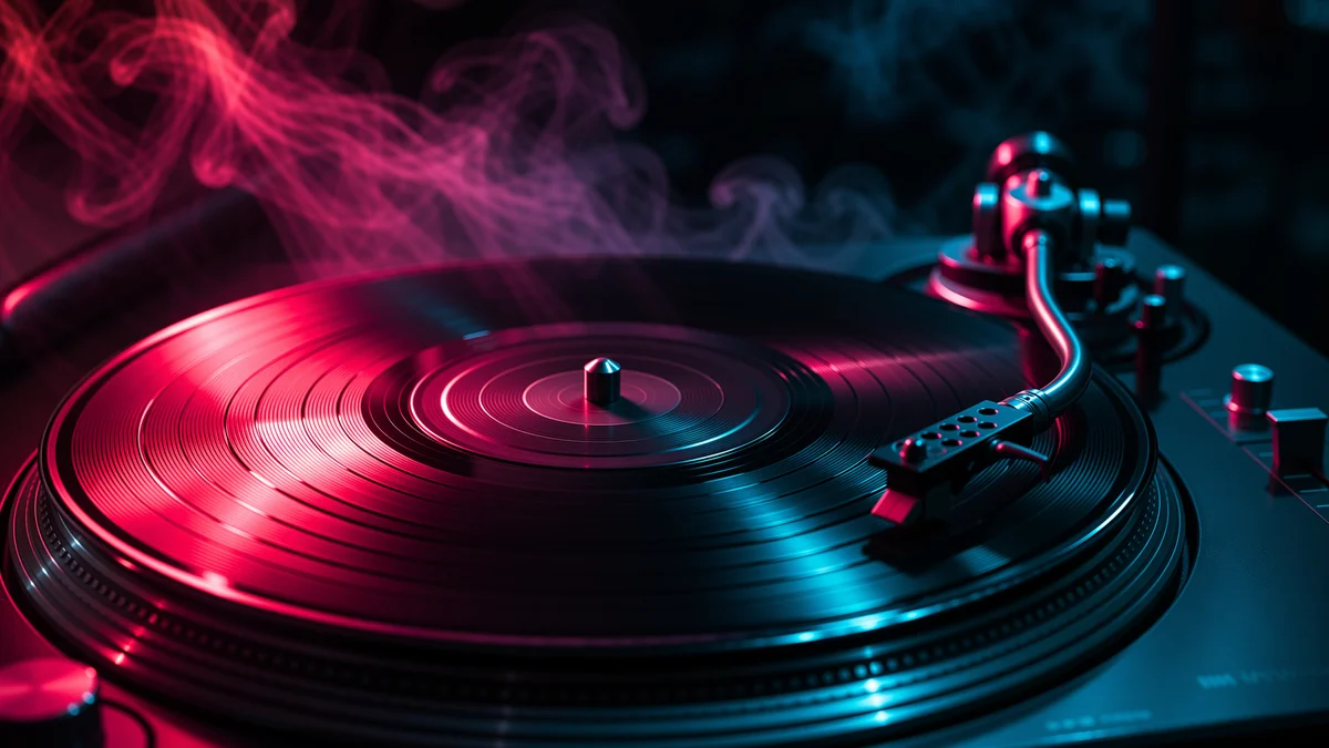 A vinyl record spinning with pink and cyan gel reflections and smoke wisps in the beam.