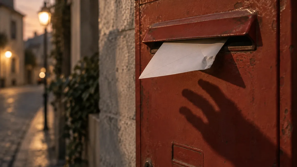 A red wall-mounted mailbox standing empty with its door slightly open, photographed in soft evening light.