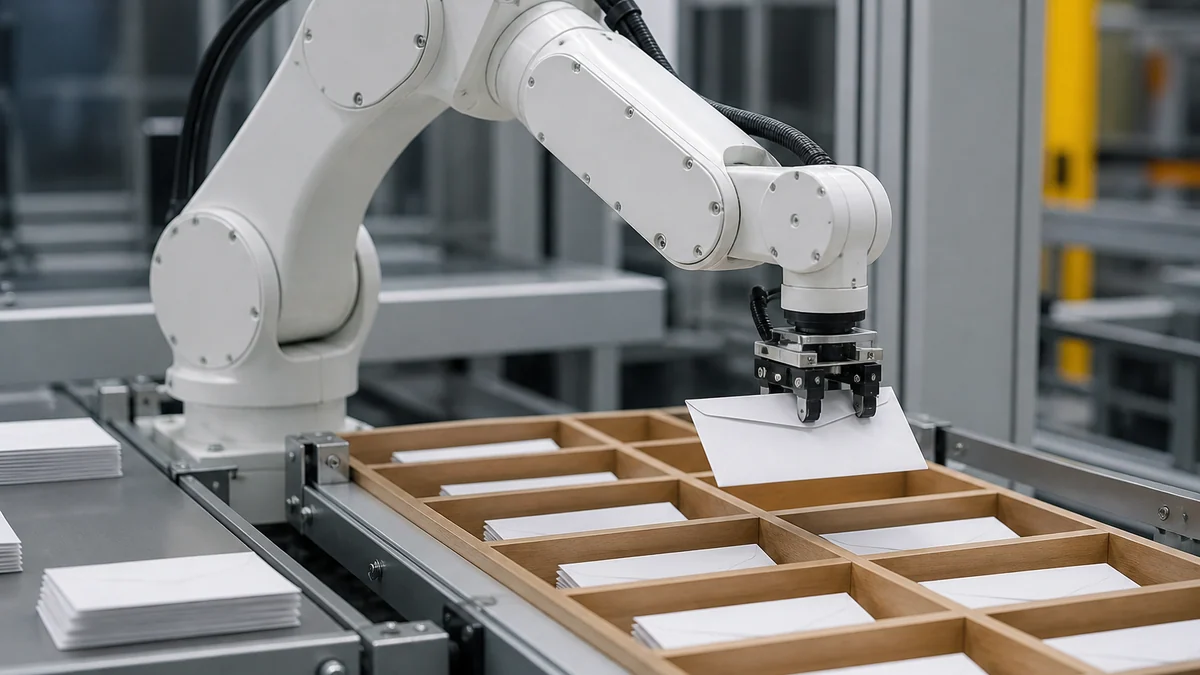 A white robotic arm sorting paper envelopes into wooden slots on a miniature factory line.