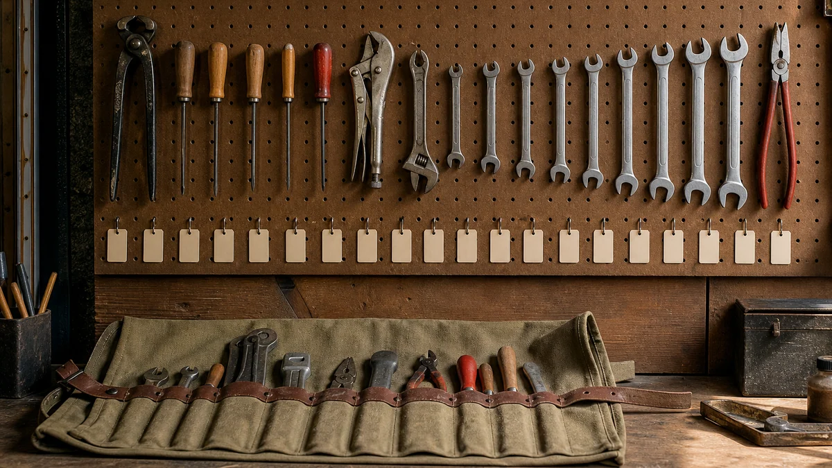 A workshop pegboard with tools hung in a numbered workflow sequence and an open tool roll.