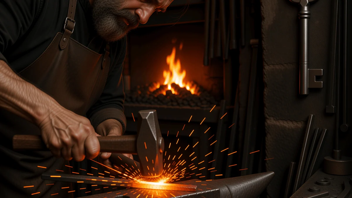 A blacksmith forging a key with orange sparks flying, finished keys on the wall.