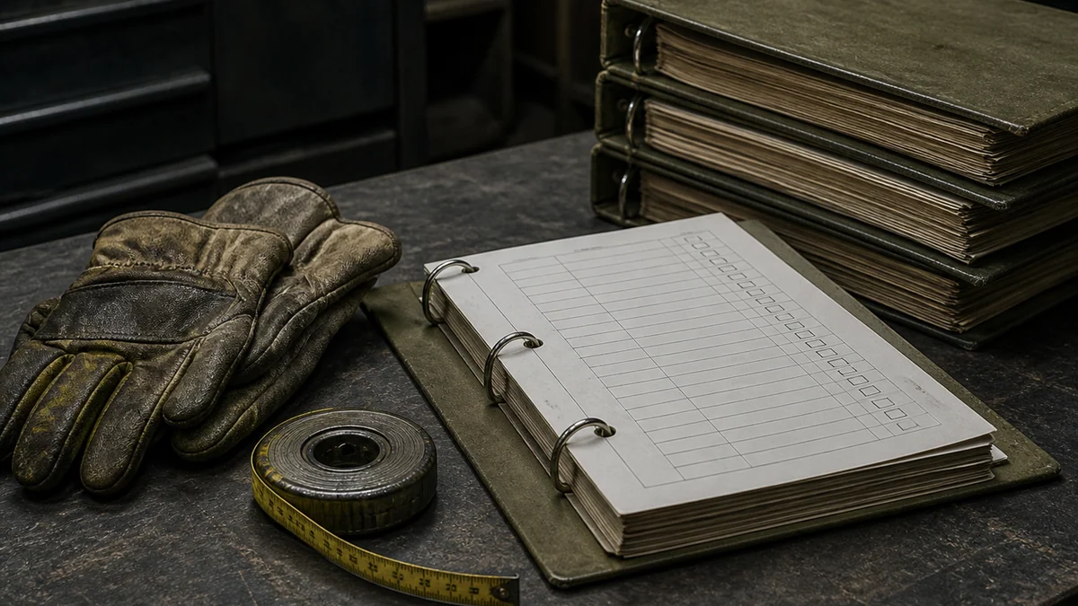 Work gloves, measuring tape and bound test reports on a workbench: an honest QA craft scene.
