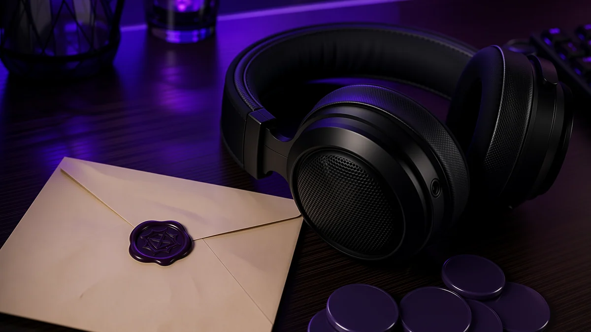 Gaming headphones and a letter with a violet wax seal under moody purple light.