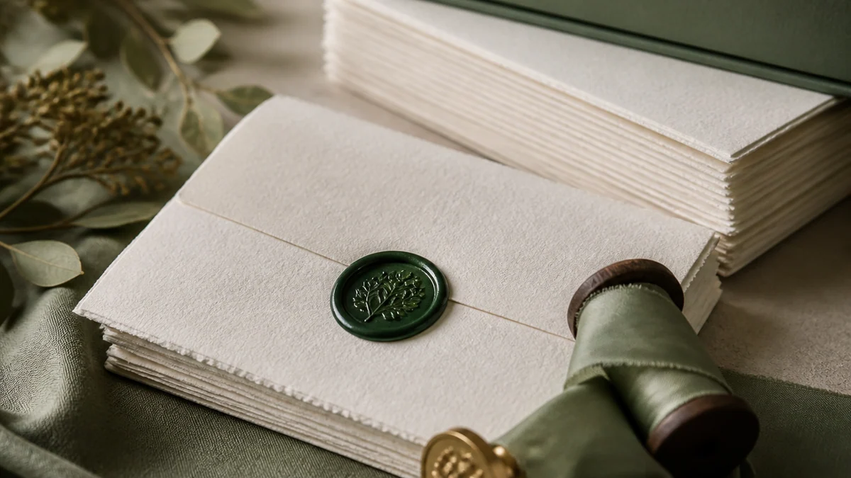 Cotton invitations sealed with an emerald wax stamp, brass seal and silk ribbon.