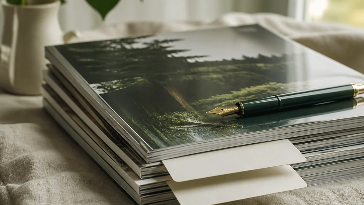 A stack of glossy magazines with blank subscription cards and a fountain pen on linen.