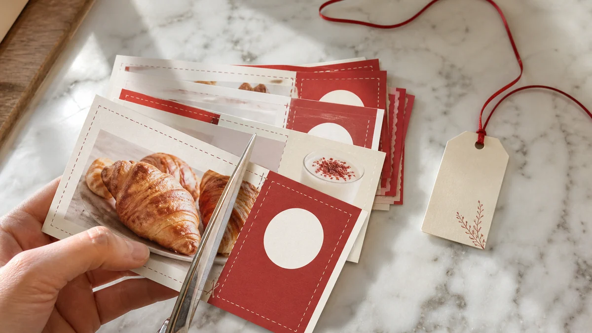 A fan of paper coupons with scissors cutting one in half, red ribbon and gift tag nearby.