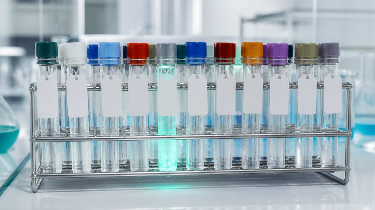 A laboratory rack of sealed glass vials with colored caps and blank tags, one glowing teal.