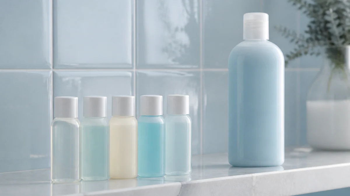 Tiny travel-size sample bottles in a row next to one full-size bottle on a spa shelf.