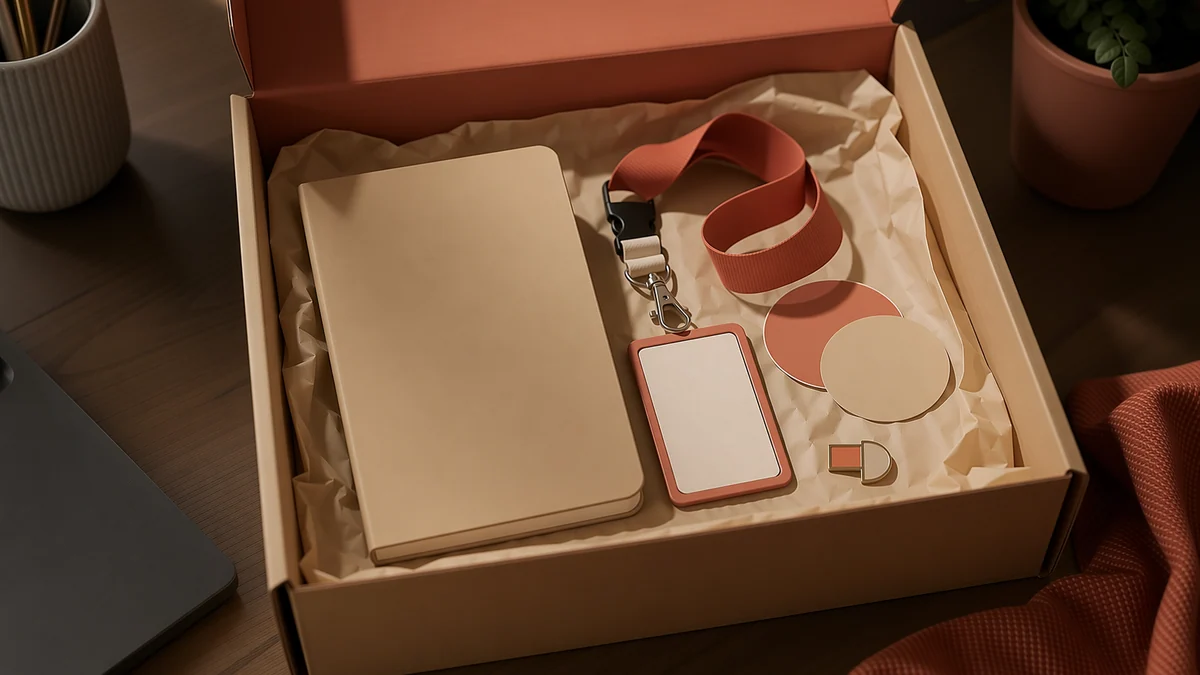 Una caja de kit de bienvenida abierta con papel de seda, libreta, credencial con cordón, pegatinas y un pin de esmalte.