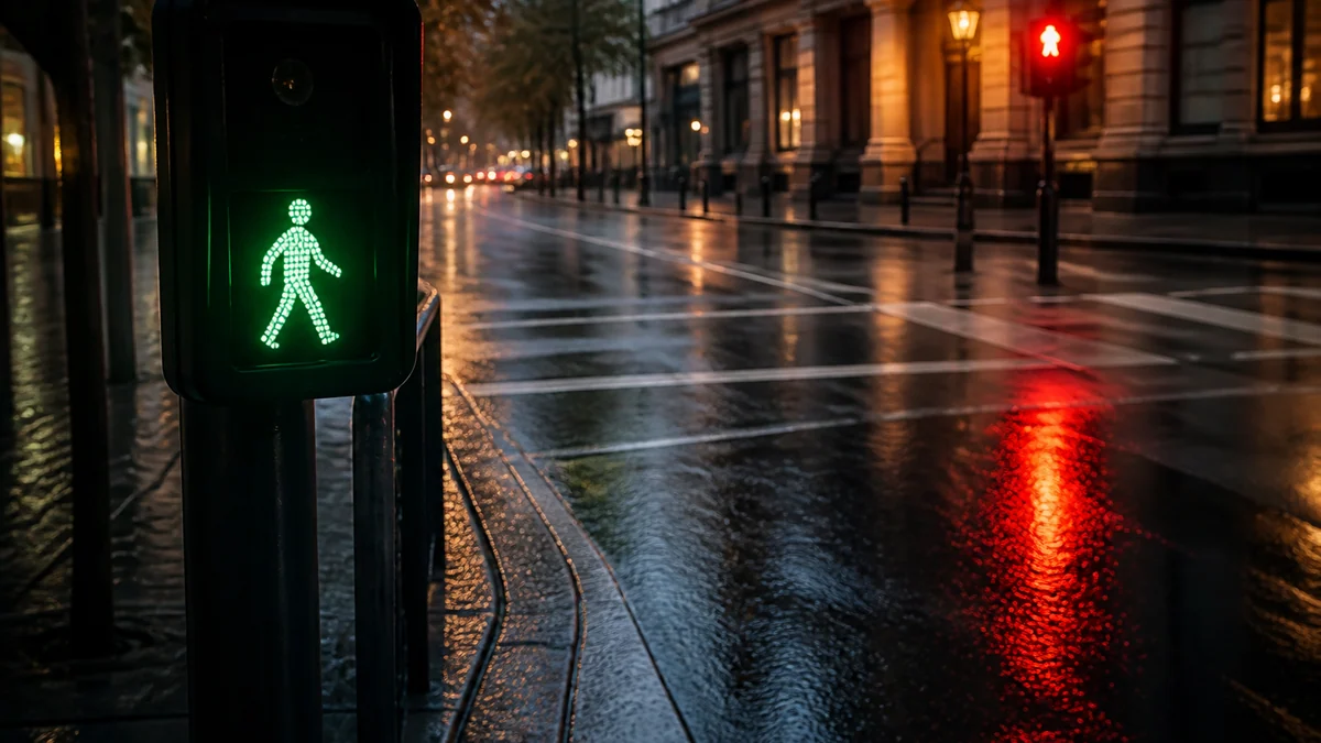 A crosswalk signal showing green and red figures reflected on wet asphalt at dusk.