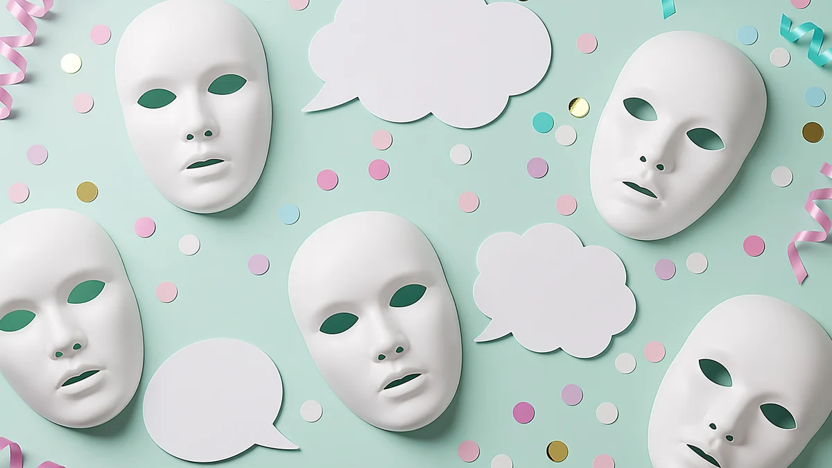 Blank paper masks and cutout speech bubbles with light confetti on a mint background.