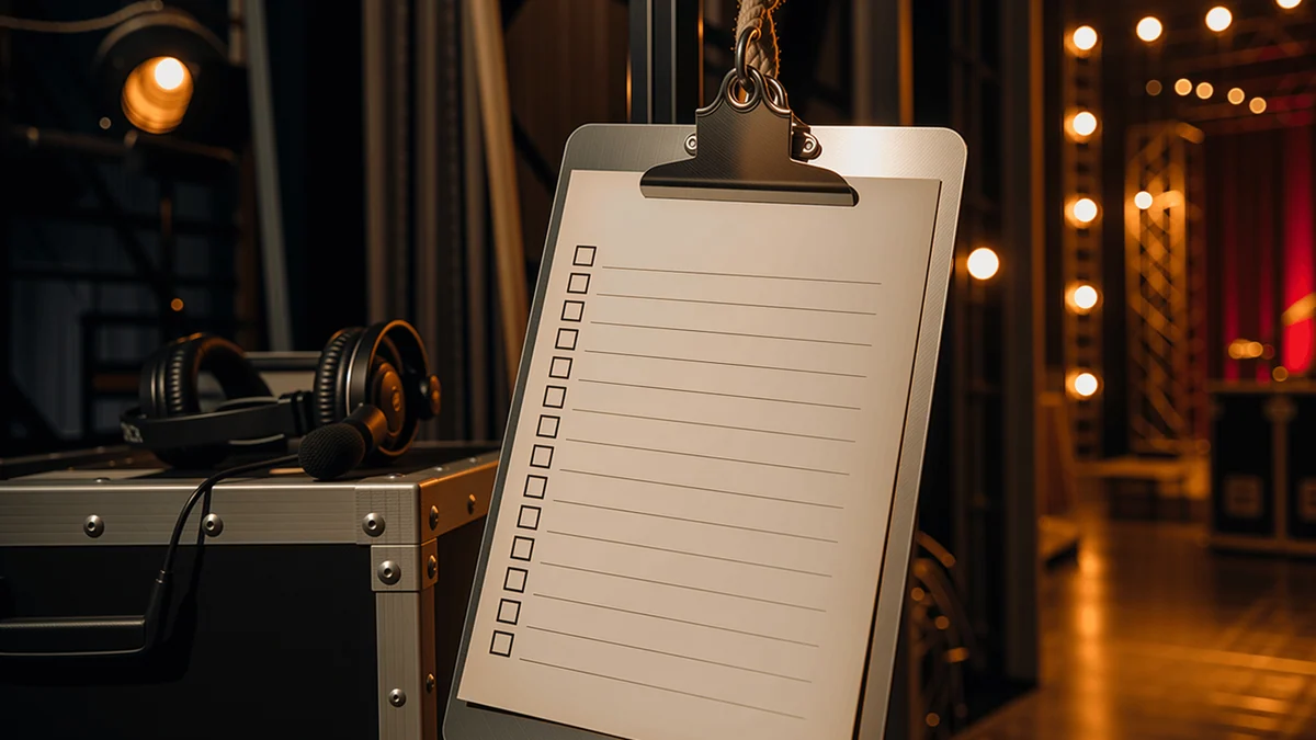 A backstage run-sheet clipboard and a stage manager headset on an amp under string bulbs.