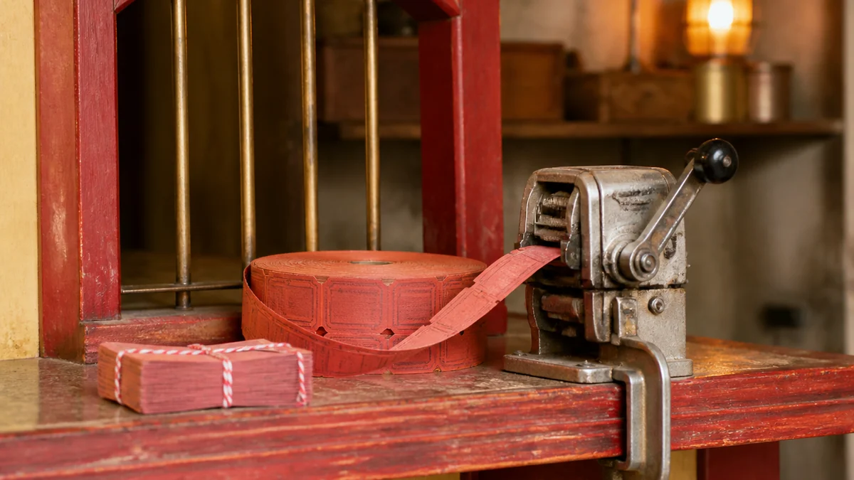 A vintage ticket booth with a raffle ticket roll, numbering machine and bundled tickets.