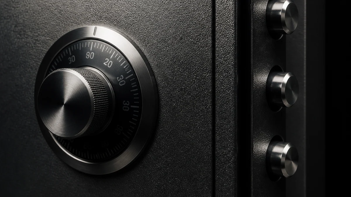 Macro of a heavy steel combination safe dial and vault door edge in a spotlight.