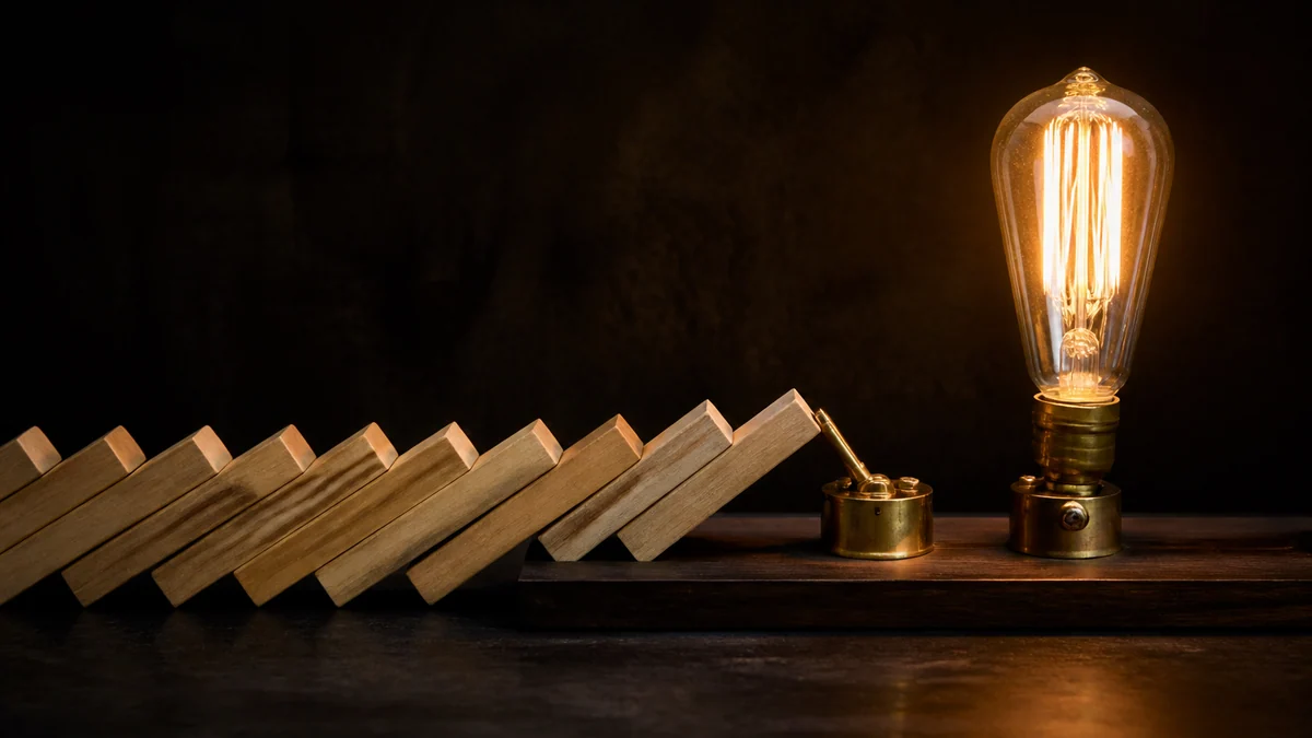 A domino chain falling, the last piece flipping a brass switch that lights a bulb.