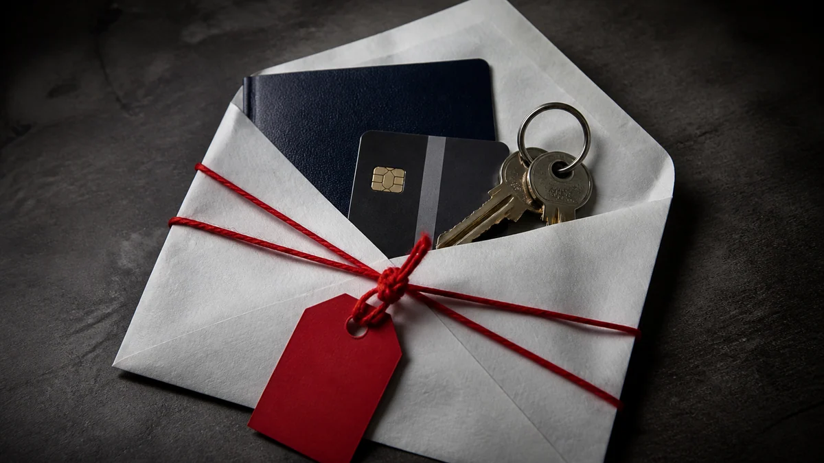 A passport, payment card and keys inside an open envelope tied with red warning string.