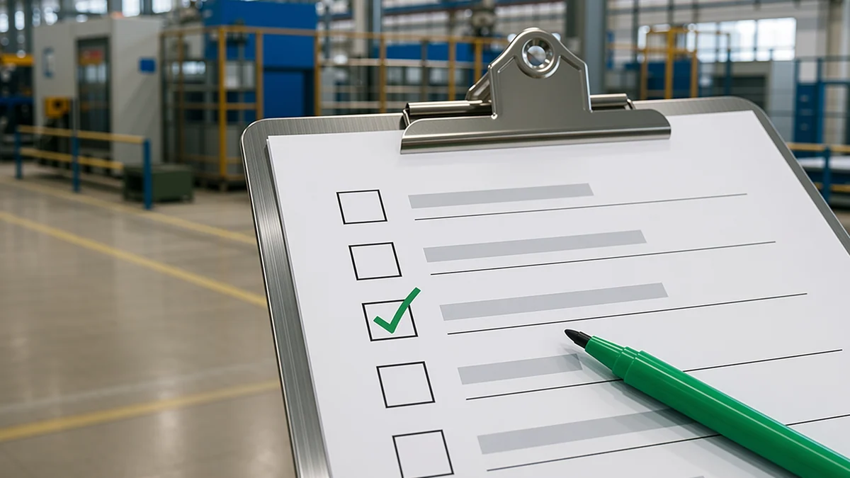A steel clipboard checklist with one row ticked in green marker on a factory floor.