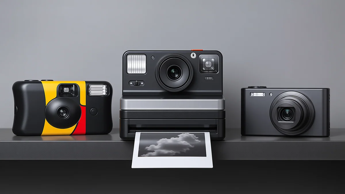 Three cameras on a shelf: single-use film, retro instant, and compact digital.
