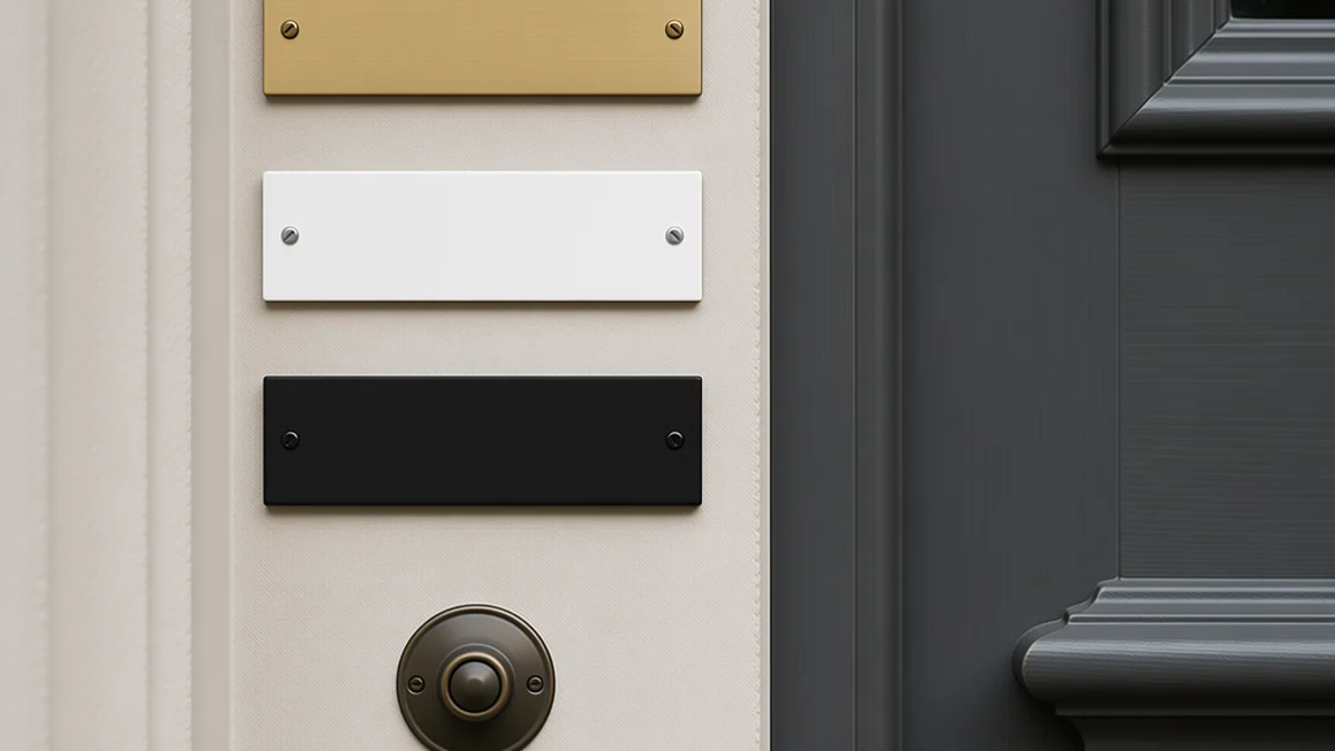One door with three different nameplates above a single doorbell, architectural detail.