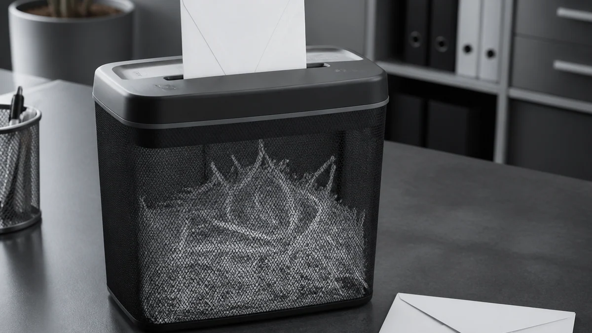 A paper shredder swallowing an envelope while a fresh blank envelope waits beside it.