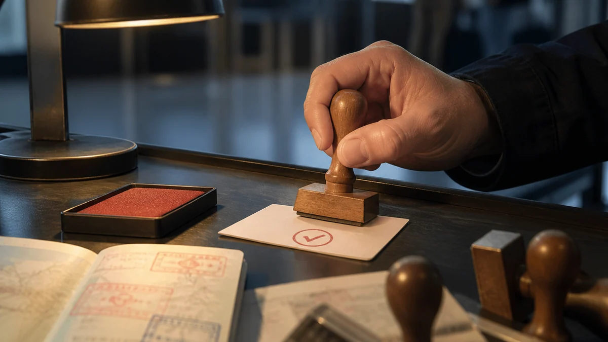 A checkmark rubber stamp pressed onto a paper card with red ink at a customs-style desk.