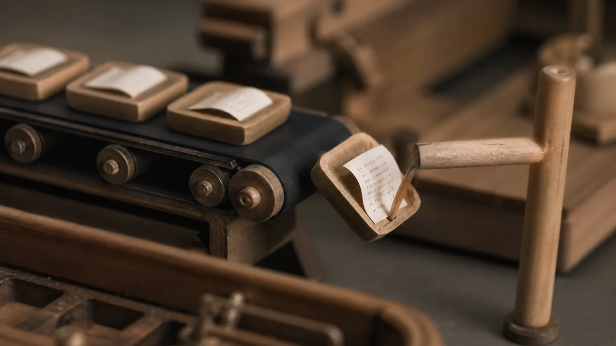 A miniature conveyor carrying small trays with paper receipts, one lifted by a peg.