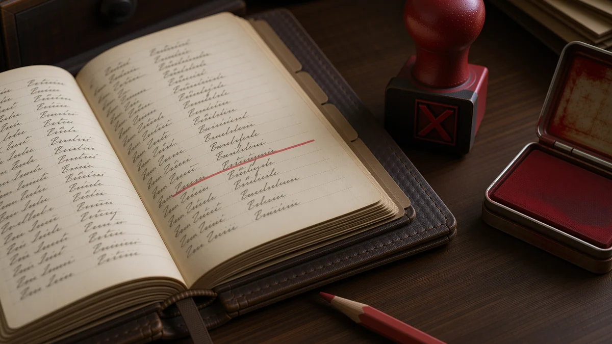 An open leather address book with one entry crossed out in red, rubber stamp and ink pad beside.