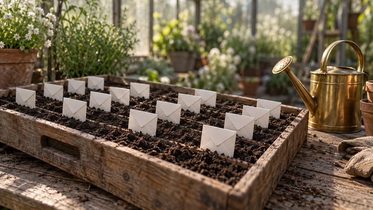 Fotorealistisches Foto verstreuter Papierumschläge auf einem Schreibtisch, ein geöffneter Umschlag gibt ein kleines Päckchen Gartensamen zwischen der Post frei.