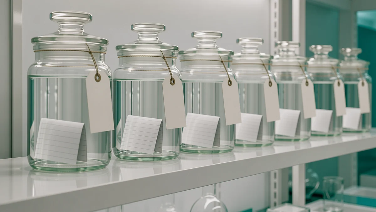 A shelf of sealed glass specimen jars, each holding a folded note, backlit in a lab.